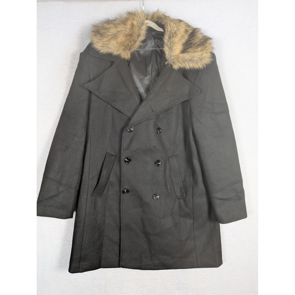 Unbranded Pea Coat Men's Large Black Double Breasted Faux Fur Collar Overcoat